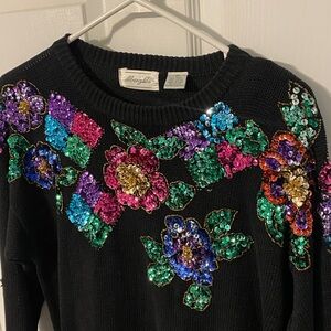 Black Vintage Sweater with Colorful Sequin Floral Design for Christmas Size M